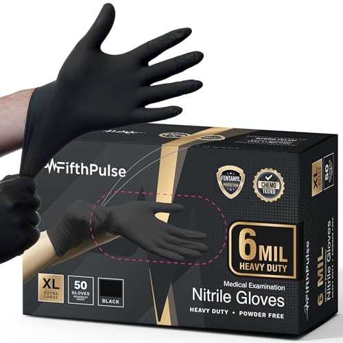 FifthPulse 6 Mil Black Nitrile Gloves, Heavy Duty Mechanic and Food Grade Glove - Powder-Free, Latex-Free Medical Exam Gloves - style: X Large