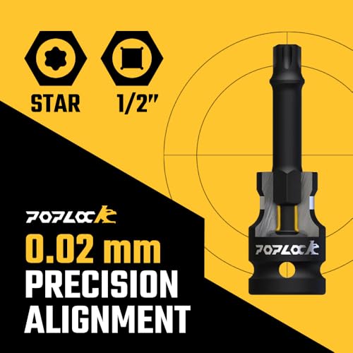Poplock Impact Driver Set | 7-Piece ½ inch Drive Star Bit Set (T30–T70) | 75mm Long Impact Driver Bit Set with 6-Lobed Allen Tips for Torx Fasteners T30 T40 T45 T50 T55 T60 T70 - size: 7 PCS