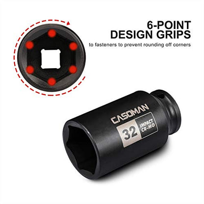 CASOMAN 1/2" Drive x 32 mm Deep 6 PT Impact Socket, CR-MO, 1/2-inch Drive 6 Point Axle Nut Socket for Easy Removal of Axle Shaft Nuts (32MM) - size: 32 mm (Deep), style: 6-Point Socket