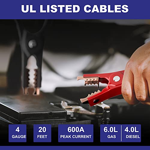 EXTRESPO Heavy Duty Jumper Cables - 4 Gauge 20 Feet 600Amp Automotive Booster Cables for Car Battery, for Car, SUV and Trucks, Jumper Cables Kit with Carry Bag, Gloves, Brushes (4 Gauge 20 FT)… - size: 4 GAUGE 20 FT