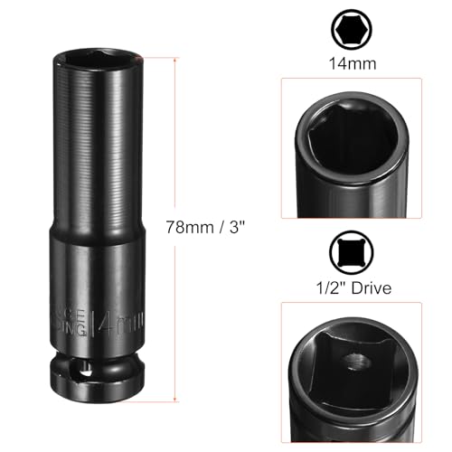 HARFINGTON Deep 6-Point Impact Socket 1/2" Drive 14mm Metric Socket 3" Length with 1/4" Hex Shank Adapter, CR-V Steel Socket Adapter Accessory Tool Set Kit for Hex Bolts Nuts - size: 14mm