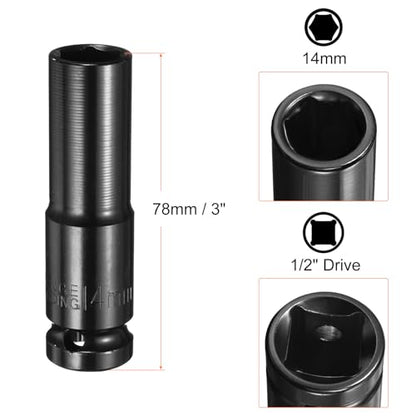 HARFINGTON Deep 6-Point Impact Socket 1/2" Drive 14mm Metric Socket 3" Length with 1/4" Hex Shank Adapter, CR-V Steel Socket Adapter Accessory Tool Set Kit for Hex Bolts Nuts - size: 14mm