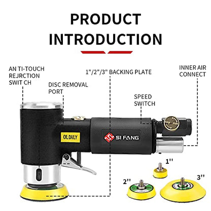 Mini Air Sander 1/2/3 Inch Pneumatic Small Orbital Sanders for Auto Body Work, Metal, Paint Removal, Wood, Mini Polisher with 45PCS Sanding Discs + 3PCS Backing Pads, Air Powered - style: 1"2"3" Sander Kit