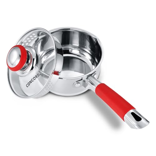 Concord 1 Quart Stainless Steel Saucepan with SIMPLE POUR Vented Glass Lid. Features Dual Pouring Spouts and Volume Marking. Perfect for making Sauces, Jam, Ramen, and more - size: 1 QT