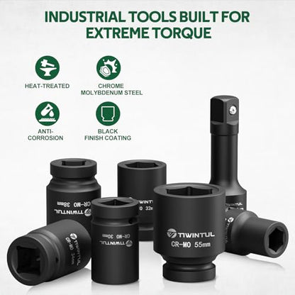 1 Inch Drive Impact Socket Set for Truck, Excavator, 21-55mm,CR-MO | 18 Pcs Metric Heavy Duty Socket Set with 24" Ratchet Wrench, Sliding T-Bar & Extension Bars for Construction Equipment Repair - size: 18 PCS