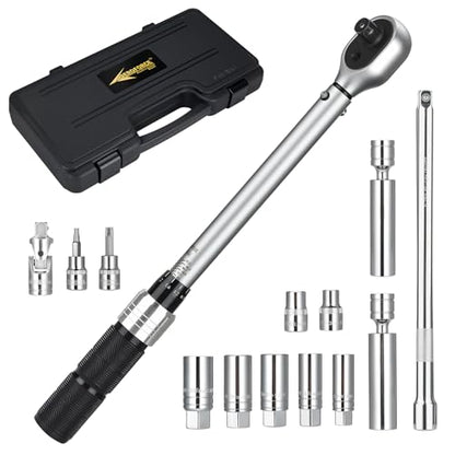 AEROFORCE 14PCS 3/8-Inch Drive Swivel Magnetic Spark Plug Socket Set with 3/8'' Torque Wrench (5-45 Lb.ft/6.8-61.2 Nm), Universal Joint & Extension Bar - Durable CR-V Steel for Easy Spark Plug Removal - size: 14PCS full Magnetic