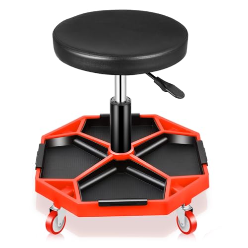 Auto Dynasty Mechanic Stool, Adjustable Rolling Pneumatic Creeper Garage Shop Seat with Tool Tray, 300 LBS Roller Seat for Workshop Auto Repair, Adjustable Height 15.7" to 21", Black/Red - color: Red