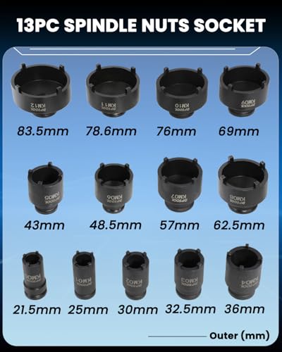 13pc Spindle Nuts Socket Kit Ball Joints Axle Locknut Remove Install Locking Hub Socket for KM Groove Nuts, 4 Teeth Exterior with 1/2'' 21.5mm 25mm 30mm 32.5mm 36mm 43mm 48.5mm 57mm 62.5mm 69mm 76mm