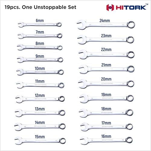 HITORK 19 Piece Metric Combination Wrench Set (6–24mm) Cr-V Steel Mirror Chrome Finish 12-Point Box End, 15° Offset, Roll-Up Pouch – Durable Open End Wrench Set for Home, Garage & Auto Repair - style: 19 Piece Set Metric