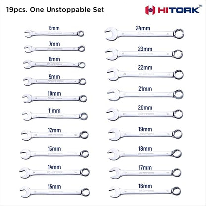 HITORK 19 Piece Metric Combination Wrench Set (6–24mm) Cr-V Steel Mirror Chrome Finish 12-Point Box End, 15° Offset, Roll-Up Pouch – Durable Open End Wrench Set for Home, Garage & Auto Repair - style: 19 Piece Set Metric