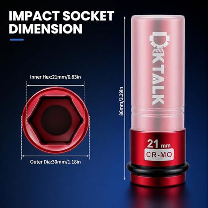 1/2" Drive 21mm Wheel Lug Nut Impact Socket,Color-Coded Non-Marring Deep Thin Wall Socket with Removable Protect Sleeve, 6 Point, Cr-Mo Steel - color: 21mm