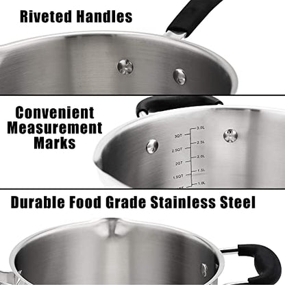 Rorence 3.7 Quart Saucepan with Glass Lid: Stainless Steel Sauce Pan with Two Sides Pour Spout & Riveted Silicone Handles & Build-in Strainer Tempered Glass Cover … - size: 3.7 quarts