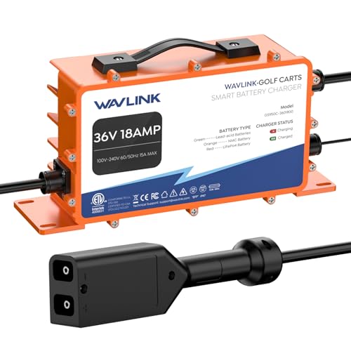 WAVLINK 36V 18A Golf Cart Battery Charger | IP67 Waterproof, compatible with LiFePO4/NMC/Lead-Acid, D Plug fits TXT & EZGO