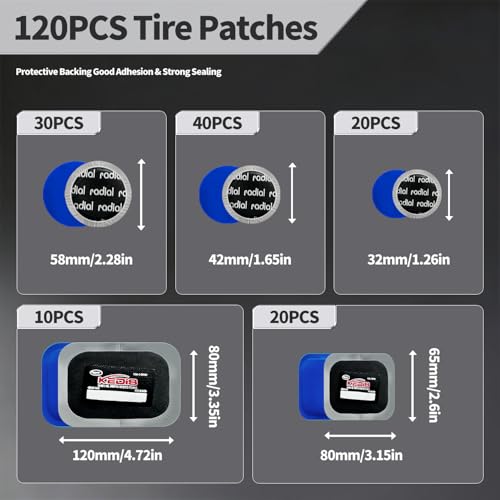 120 Pcs Tire Patches, Tire Repair Patch Kit Heavy Duty 5 Sizes Rubber Radial with 32, 42, 58, 65x80, 85x120 mm Emergency Repair Tool for Puncture Car Bus Truck Tractor Vehicle Motorcycle