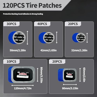 120 Pcs Tire Patches, Tire Repair Patch Kit Heavy Duty 5 Sizes Rubber Radial with 32, 42, 58, 65x80, 85x120 mm Emergency Repair Tool for Puncture Car Bus Truck Tractor Vehicle Motorcycle