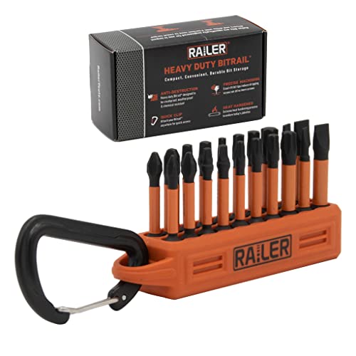Railer 20pc Impact Driver Bit Set - Premium S2 Steel Screwdriver Bits with Torx, Hex, Phillips, Square & Slotted - Heavy Duty 1/4" Hex Shank Bits with Crushproof Storage Bit Holder & Carabiner Clip - color: Orange Bitrail
