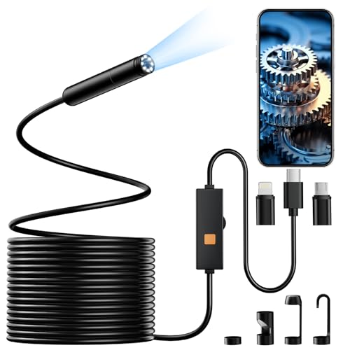 Endoscope Camera with Light, 1920P HD Borescope Tools with 8 Adjustable LED Lights, 16.4FT Semi-Rigid Snake Cord IP67 Waterproof Inspection Camera for iPhone, iPad, iOS and Android Phone - size: 16.4FT, style: Single Lens