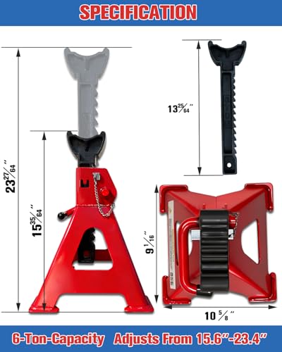 6 Ton Jack Stands (13,200Lbs) - Heavy Duty Car Jack Stand with Double Pin Locking, Adjustable 15.6"-23.4" Height, Extra Rubber Pads for Trucks, Garage, Home,DIY Use - 1 Pair Red - size: 6 Ton Double Locking