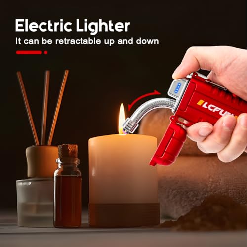 LcFun Electric Dual Arc Lighter USB Rechargeable, Windproof Plasma Lighters with LED Battery Indicator, Waterproof Flashlight Lighter with Whistle Lanyard for Camping, Survival Gear Gifts for Men - color: Red Pro