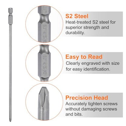 HARFINGTON 2pcs #2 Phillips Screwdriver Bit PH2 1/4" Hex Shank 8" (200mm) Long Magnetic S2 Steel Industrial Grade Screw Driver Bit Cross Head Electric Drill Bits 0.177" (4.5mm) Rod - size: PH2 x 200mm x 4.5mm