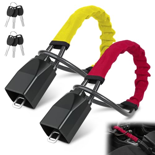 Car Steering Wheel Lock, 2PC Car Anti Theft Device, Seat Belt Lock | Thickened Steel Wire, Max 17” Locking Length, Easy Storage, 3 Keys per set, Fits Most Vehicles, Trucks, SUVs, Vans - color: yellow and red