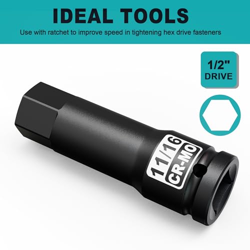1/2" Drive H11/16-Inch Impact Hex Bit Socket, SAE Allen Bit Socket, Cr-Mo Steel, Removing Loosening Hexagon Bolts - size: 1/2" H11/16 Deep