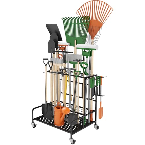 Garden Tool Organizer Rack with Wheels Up to 39 Tools, Heavy-Duty Steel Yard Tool Organizer for Garage Storage with 12 Hooks, Broom Holder & Garden Tool Rack for Shed, Patio, Outdoor Use, Black - style: Rack With Accessories