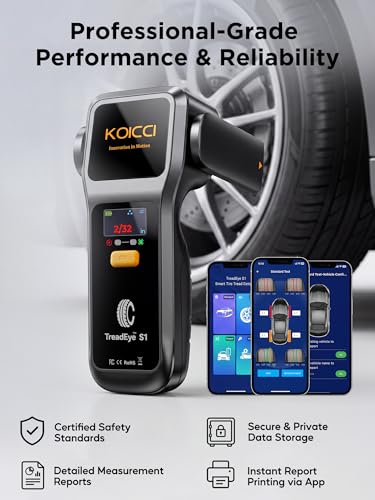 New KOICCI S1 Digital Tire Tread Depth Gauge, Smart Laser Tire Tread Detector with 32nds High Accuracy, 2-in-1 Standalone & App Modes, Report Generation for Car Truck SUV - iOS & Android Compatible