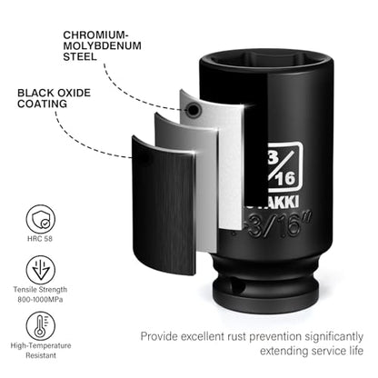 1/2" Drive 1-3/16" Deep 6 Pt CR-MO SAE Impact Socket for Axle Nuts - size: 1-3/16"in., style: 1/2" Drive Deep
