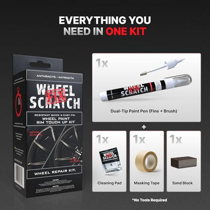 Wheel Scratch Fix® Gray Touch Up Paint for Cars - DIY Alloy Wheel Repair Kit, Curb Rash Remover with Fast-Drying Pen - Long-Lasting OEM Finish Car Rim Paint for Scuffs and Chips at Home (Anthracite) - color: Gray - Anthracite - Kit
