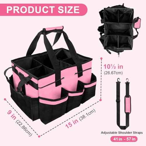 Large Cleaning Caddy Bag – Cleaning Supply Organizer Tote Bag with Handle & Adjustable Shoulder Strap for Housekeeping,Car Detailing,Portable Cleaning Caddy for Cleaning Supplies(Pink)