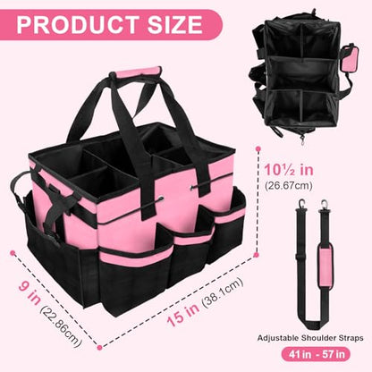 Large Cleaning Caddy Bag – Cleaning Supply Organizer Tote Bag with Handle & Adjustable Shoulder Strap for Housekeeping,Car Detailing,Portable Cleaning Caddy for Cleaning Supplies(Pink)