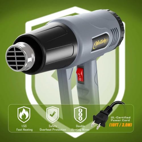 Heat Gun, 2 Temperature Settings 572℉&1112℉, 900W-1300W Hot Air Gun with Overload Protection, 10FT Extra Long Cord, Handheld Heat Gun with Heat Shrink Tubing Kit for Packaging Shrinking, DIY Crafts