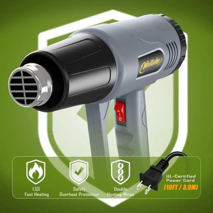 Heat Gun, 2 Temperature Settings 572℉&1112℉, 900W-1300W Hot Air Gun with Overload Protection, 10FT Extra Long Cord, Handheld Heat Gun with Heat Shrink Tubing Kit for Packaging Shrinking, DIY Crafts