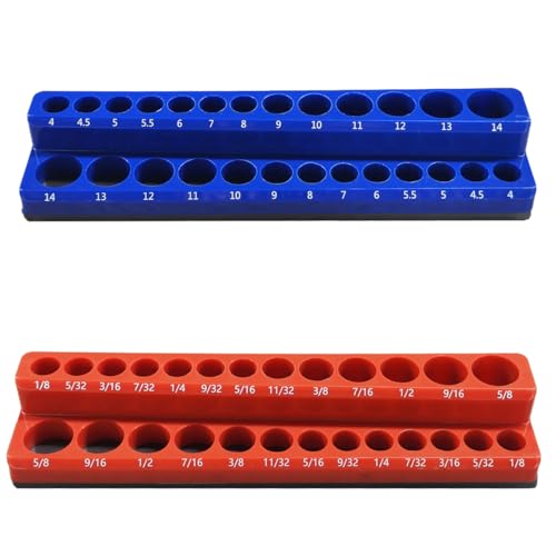 2PCS Magnetic Socket Organizer Set - 1/4 Inch Drive Metric SAE Socket Holder Tool Trays Magnetic Sockets Storage Rail Holds 52 Standard and Deep Sockets for Tool Box Carts Drawer (1/4") - size: 1/4"