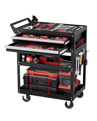 VEVOR 5-Tier Tool Cart with Wheels, 400 lbs Load Capacity, Rolling Work Cart with 2 Drawers & Pegboard, Mechanic Tool Storage Organizer with Locking System for Garage, Warehouse and Repair Shop, Black - style: 5-Tier-400 lbs with 2 Drawers
