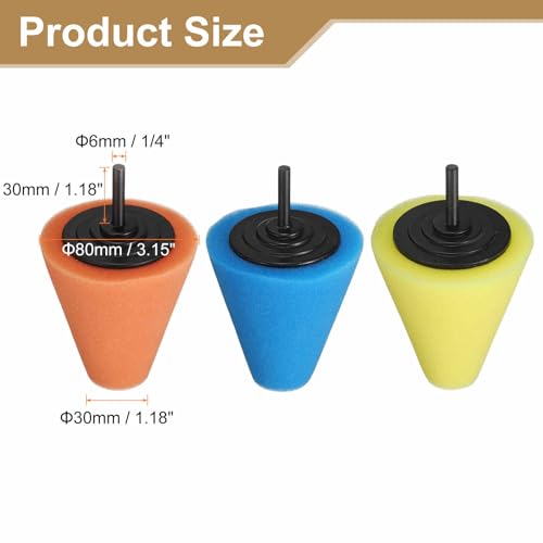 HARFINGTON 3pcs Cone Buffing Polishing Pads Set Sponge Car Wheel Polishers Detail Polisher Tool with 1/4" Dia Shank for Automotive Car Metal Plastic Ceramic