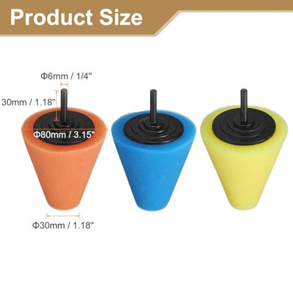 HARFINGTON 3pcs Cone Buffing Polishing Pads Set Sponge Car Wheel Polishers Detail Polisher Tool with 1/4" Dia Shank for Automotive Car Metal Plastic Ceramic