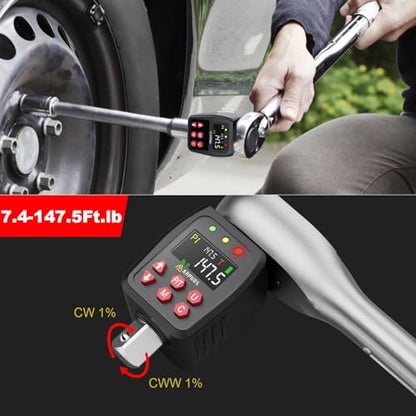ANPUDS 1/2" Digital Torque Adapter, 7.4-147.5 Ft-lb/10-200 Nm, ±1% Accuracy | Digital Torque Gauge, 10 Presets & 500 Data Memory, Buzzer & LED Indicator, 3/8" & 1/4" Adapters, for Car, Auto Tire - size: 7.4-147.5 Ft-lb/10-200 Nm