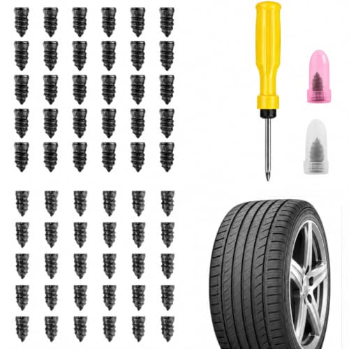 60 PCS Tire Repair Rubber Nails, Spiral Rubber Screw Tire Plug Kit for Tubeless Tires, Quick Self-Service Puncture Repair Tool for Cars, Trucks, Motorcycles, Tractors (61PCS Screwdriver included) - color: 61PCS Screwdriver included