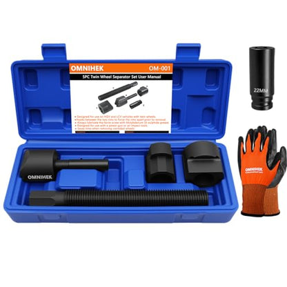 5PC Dual Wheel Separator Tool Kit – 11 Threads One-Piece Pusher Kit with 22mm Deep Impact Socket (1/2" Drive) – for Trucks, Buses, Vans, Trailers, HGV & LCV Twin Wheels, Includes Gloves & Instructions