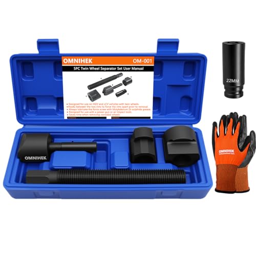 5PC Dual Wheel Separator Tool Kit – 11 Threads One-Piece Pusher Kit with 22mm Deep Impact Socket (1/2" Drive) – for Trucks, Buses, Vans, Trailers, HGV & LCV Twin Wheels, Includes Gloves & Instructions