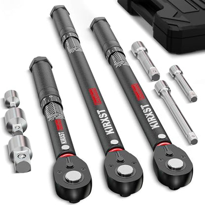 9PCS 1/4" 3/8" 1/2" Drive Click Torque Wrench, 72 Teeth Dual-Direction Adjustable, ±3% Accuracy Click Torque Wrench Set for Car, Motorcycle Maintenance - size: 9Peice