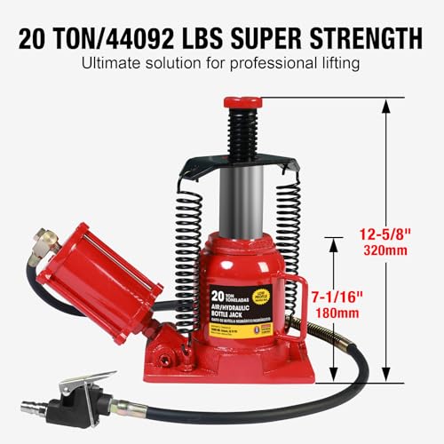 Big RED Air Jack, 20 Ton Hydraulic Bottle Jack, Lift Range 7-1/16" to 12-5/8", Low Profile Heavy Duty Jack with Dual-Power Operation, Adjustable Lift Range & Safety Valve - 20 Ton (40,000 LBS) - size: 20 Ton (40,000 lbs), style: Air Jack
