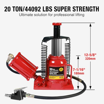 Big RED Air Jack, 20 Ton Hydraulic Bottle Jack, Lift Range 7-1/16" to 12-5/8", Low Profile Heavy Duty Jack with Dual-Power Operation, Adjustable Lift Range & Safety Valve - 20 Ton (40,000 LBS) - size: 20 Ton (40,000 lbs), style: Air Jack