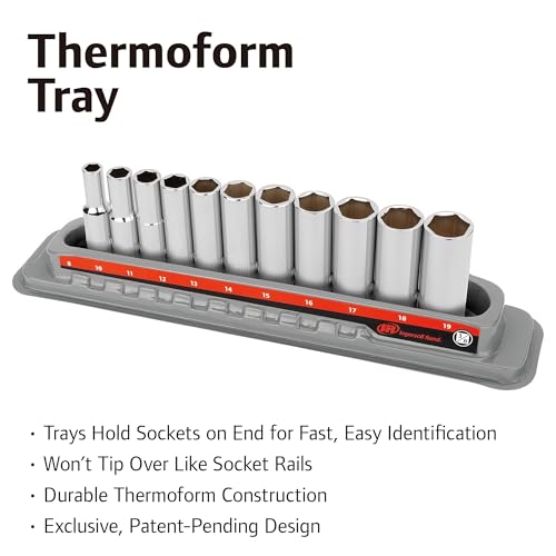 Ingersoll Rand 11-Piece 3/8 in. Drive Metric Deep Socket Set – 6-Point, Sizes 8mm to 19mm, Mirror-Polished Chrome Vanadium Steel with Vertical Knurling and Thermoform Tray – 752049X - size: 3/8 in. Drive Deep Socket Set, style: Metric