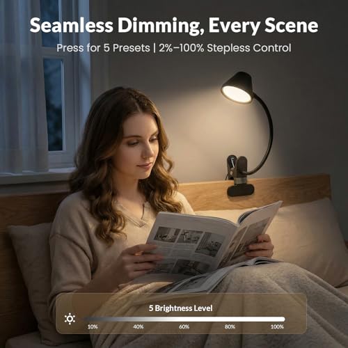 LEPOWER Clip on Light, Reading Lights for Books in Bed, 400LM, RG0 Eye-Care | 5 Colors & Stepless Dimming, Amber Glow Light & Auto Timer, Up to 2.3" Strong Clamp with Adapter for Headboard, Bedside, Desk - color: Black