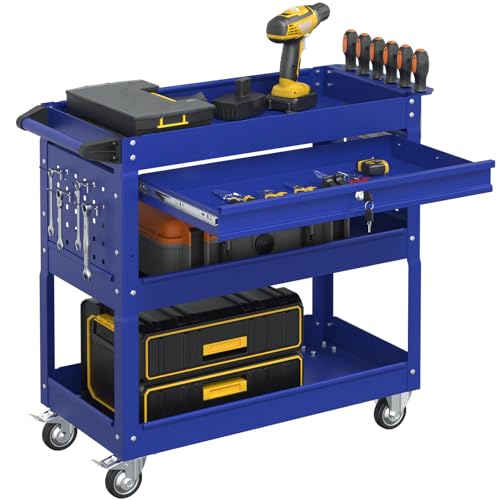 3-Tier Tool Cart on Wheels, Heavy-Duty Metal Tool Cart with Lockable Drawer, 400 LBS Capacity Mechanic Utility Cart for Garage & Workshop(Blue) - color: Blue