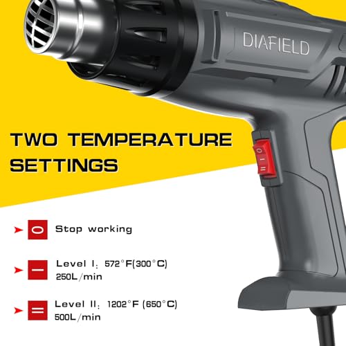DIAFIELD 1850W Heat Gun, Dual Temperature Settings 572.0 °F&1202 °F(300 °C~650 °C), Fast Heat Hot Air Gun, Durable& Overload Protection, with 4 Nozzles for Shrink Wrap, Vinyl, Crafts, Epoxy Resin - size: Normal Size