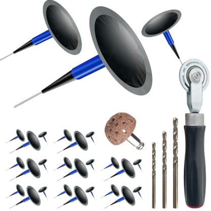 Tire Repair Patch Tool Kit Including 24pcs Tire Patch Plugs, Tungsten Buffing Wheel, Tire Patch Roller with 4mm Twist Drill Bits for Vehicle - size: Tire Repair Kit
